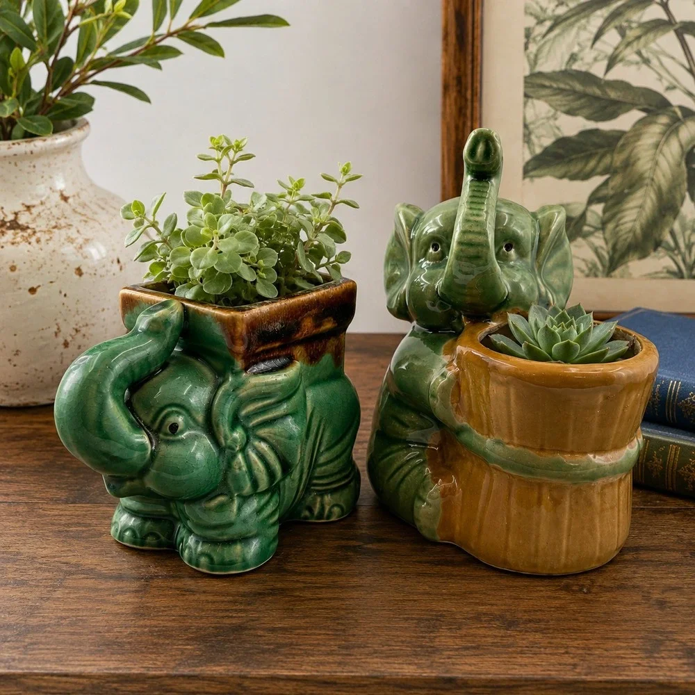 VTG Lucky Trunk Up Elephant Planter Cachepot Pair  Ceramic Green Brown MCM Decor